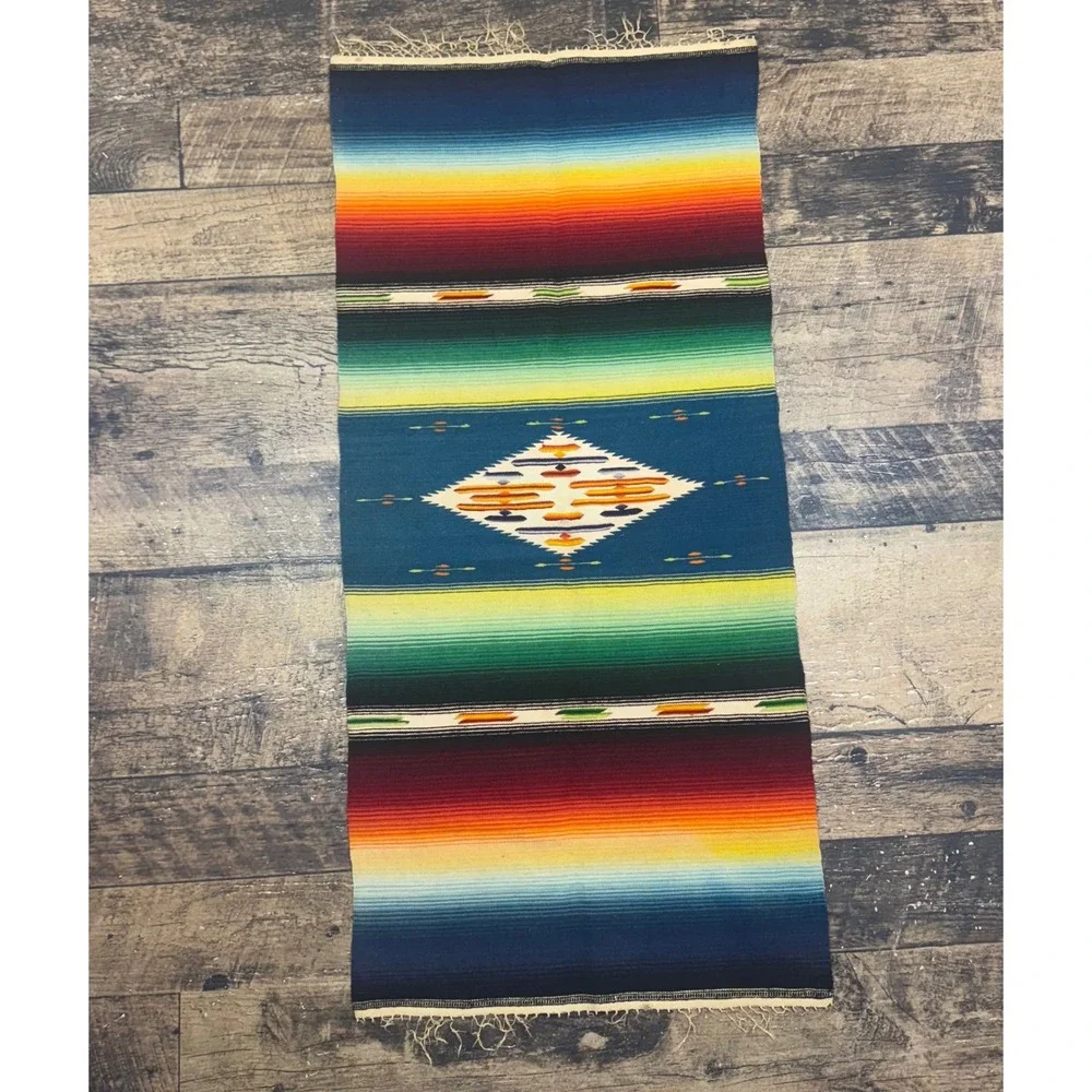Antique Southwestern Serape Blanket Rug‎ Table Runner Fringe Teal Diamond